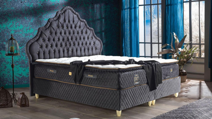 Diseño de camas de lujo negras con tapizado, muebles de dormitorio estilo Chesterfield.