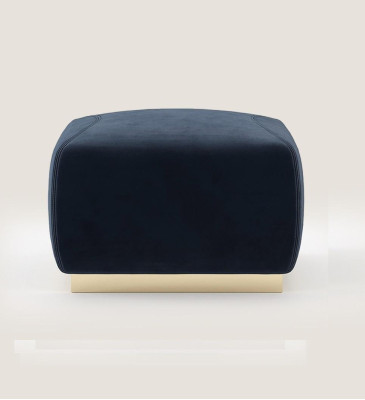 Diseñador de lujo Taburete azul con borde de acero inoxidable, tapizado en textil, mueble nuevo.