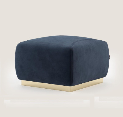 Diseñador de lujo Taburete azul con borde de acero inoxidable, tapizado en textil, mueble nuevo.