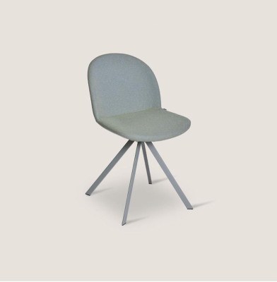 Silla gris de comedor tapizada de diseñador de una plaza con patas de acero inoxidable nuevo.