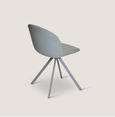 Silla gris de comedor tapizada de diseñador de una plaza con patas de acero inoxidable nuevo.
