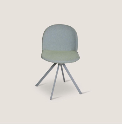 Silla gris de comedor tapizada de diseñador de una plaza con patas de acero inoxidable nuevo.