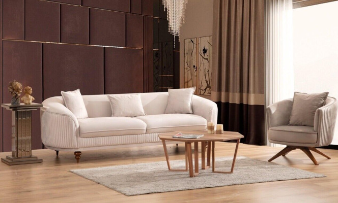 Sofá de 3 plazas. Sillón elegante de diseño moderno de lujo con muebles de madera tapizados.