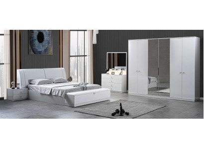 Cama 2x mesitas de noche dormitorio blanco 5 pzs. Muebles de lujo de diseñador de madera.