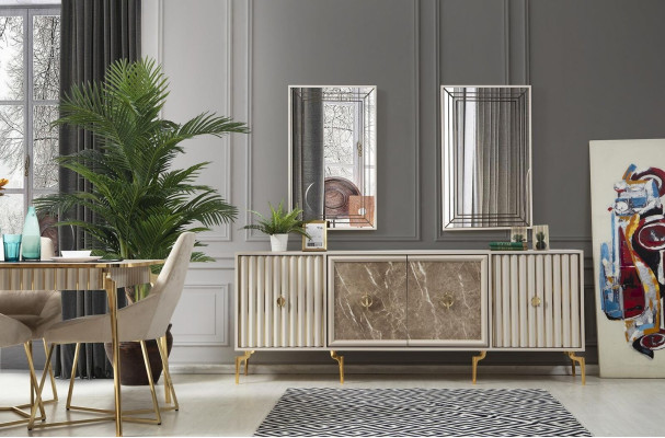 Mesa de comedor de lujo para 4 personas, sillas, aparador moderno.