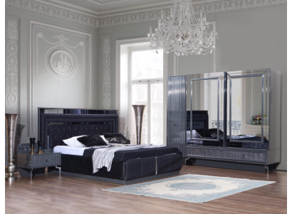 Conjunto de dormitorio negro de lujo con cama, 2 mesitas de noche y armario.