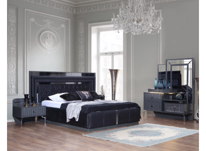 Juego de dormitorio completo en negro de lujo con cama doble y dos mesitas de noche, de 4 piezas.