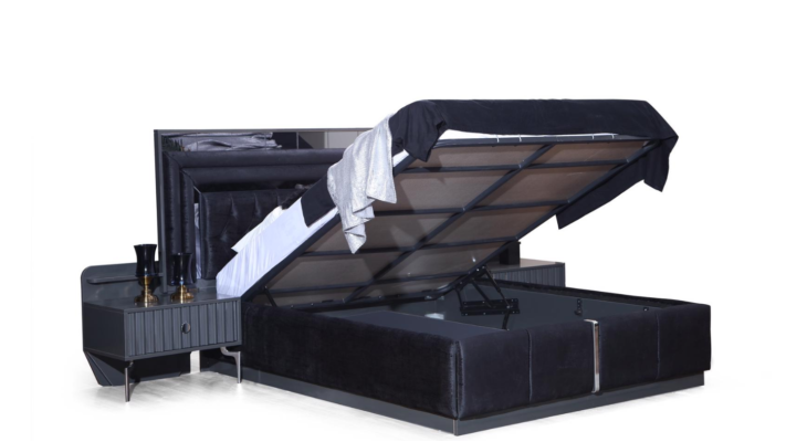 Juego de dormitorio completo en negro de lujo con cama doble y dos mesitas de noche, de 4 piezas.