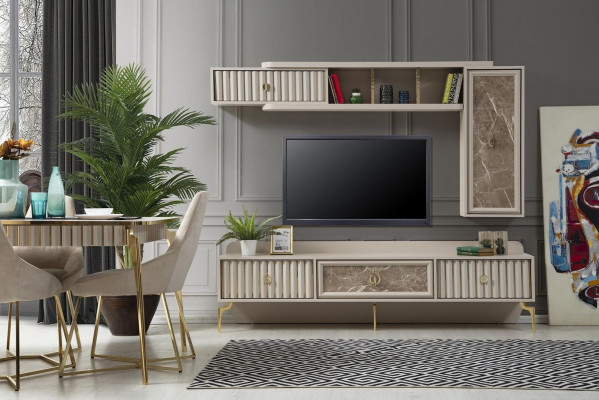 Mueble de pared moderno de diseñador de lujo de madera para salón elegante.