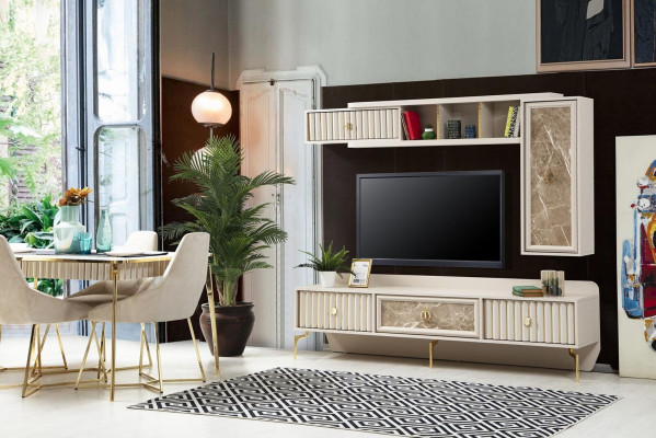 Mueble de pared moderno de diseñador de lujo de madera para salón elegante.