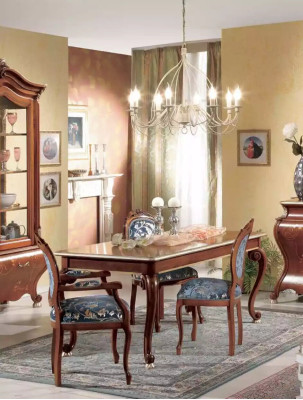 Conjunto clásico de comedor con mesa de lujo y 2 sillas con apoyabrazos de madera - Juego de 5 piezas.