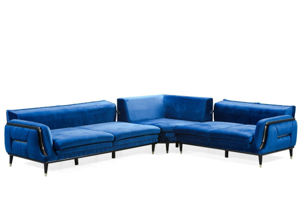 Sofá de esquina azul en forma de L, diseñador, tapizado en tela, mueble de estar.