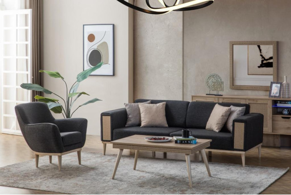 Juego de sala gris de lujo con sillón de tres plazas estilo textil