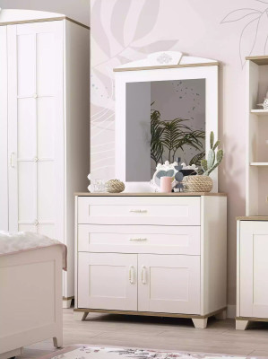 Conjunto de tocador con espejo, armario de madera, blanco, diseño de cómodas.