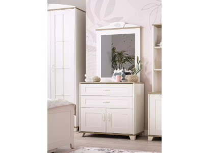 Conjunto de tocador con espejo, armario de madera, blanco, diseño de cómodas.