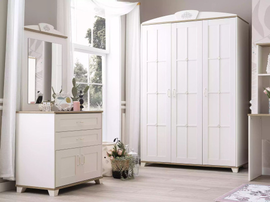 Conjunto de tocador con espejo, armario de madera, blanco, diseño de cómodas.