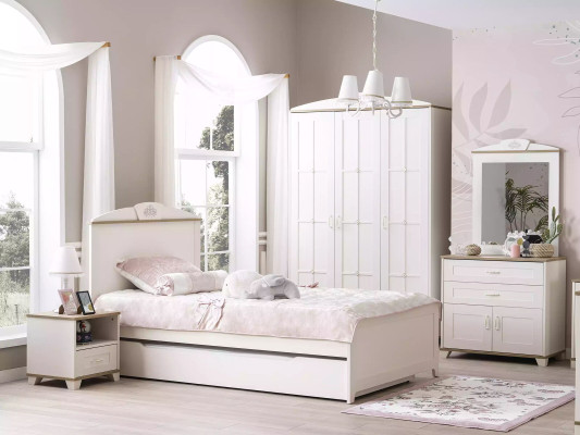 Conjunto de tocador con espejo, armario de madera, blanco, diseño de cómodas.