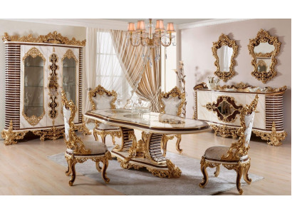 Conjunto clásico de comedor en dorado: mesa de comedor, 6 sillas, cómoda y espejo.