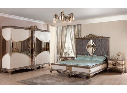 Blanco-dorado juego de dormitorio con cama doble, 2 mesitas de noche y armario.