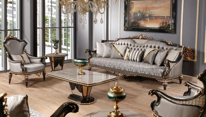 Conjunto de sofás Chesterfield 3+1, mesa de centro, conjunto de sofás de 3 piezas en gris.
