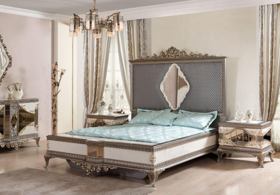Clásico juego de dormitorio gris de lujo con cama doble y 2 mesitas de noche.