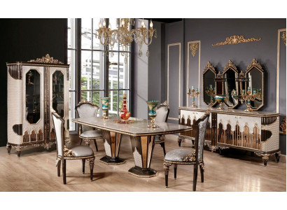Clásico juego de comedor blanco y dorado: mesa de comedor, 6 sillas y cómoda.