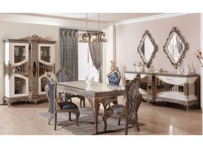 Conjunto de comedor blanco y beige: mesa de comedor, sillas de comedor, cómoda, espejo.