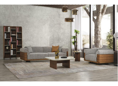 Sofá tapizado gris completo de tres plazas moderno con dos sillones.
