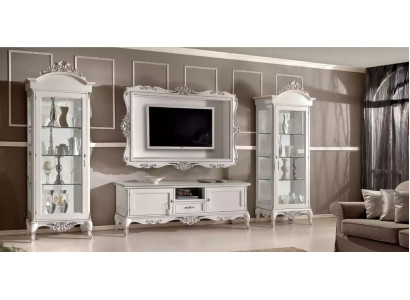 Mueble de salón bajo con 2 vitrinas y soporte para TV - Juego de 4 piezas estilo clásico blanco.