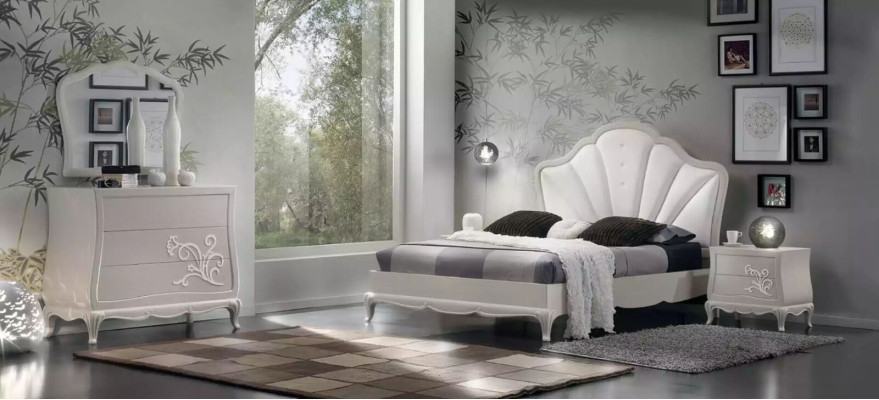 Juego de dormitorio de lujo de 5 piezas. Cama, 2 mesitas de noche, cómoda. Muebles de diseñador.