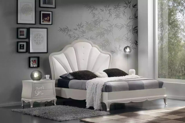 Juego de dormitorio de lujo de 5 piezas. Cama, 2 mesitas de noche, cómoda. Muebles de diseñador.