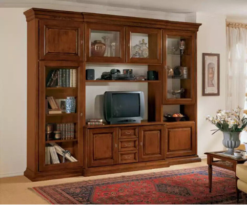 Muebles de sala de estar, pared de sala de estilo clásico italiano, muebles de madera nuevos.