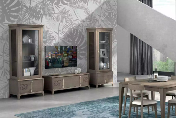Mueble de salón clásico con soporte de TV, vitrina y aparador en gris, 3 piezas.