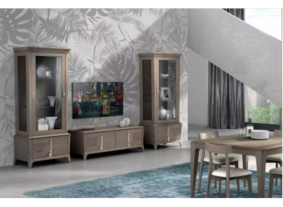 Mueble de salón clásico con soporte de TV, vitrina y aparador en gris, 3 piezas.