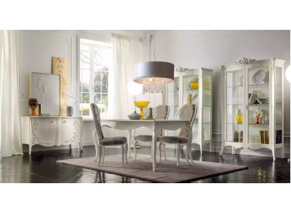 Conjunto de comedor de lujo de 7 piezas en blanco de madera, vitrina, 4 sillas, mesa.