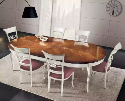 Mesa de comedor clásica de madera, conjunto de comedor con 4 sillas en blanco.