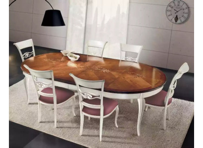 Mesa de comedor clásica de madera, conjunto de comedor con 4 sillas en blanco.