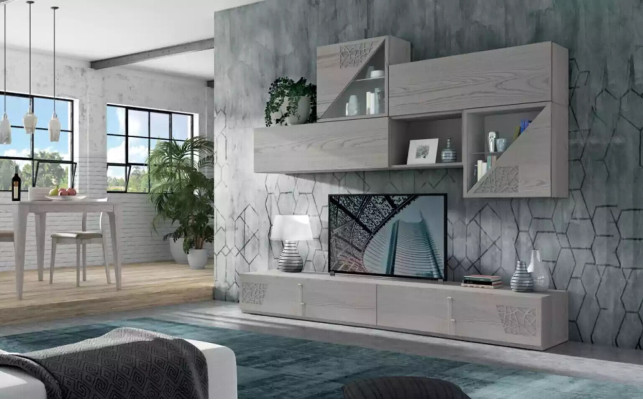 Muebles de pared, estantería, mueble de salón, tablero bajo, estantes de madera, diseño de armarios.