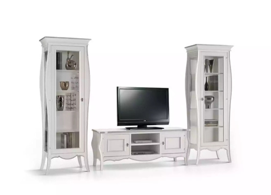 Mueble de TV con 2 vitrinas y estantería de lujo para sala de estar en blanco - pared de salón.