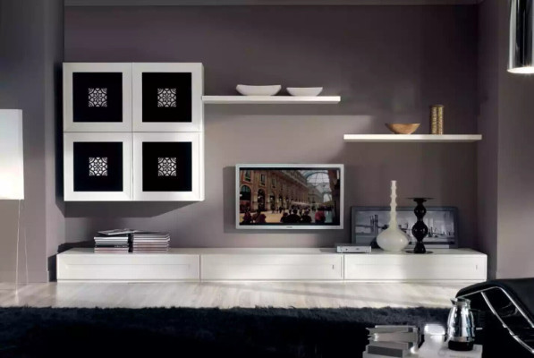 Moderno conjunto de pared con aparador y armario de salón.