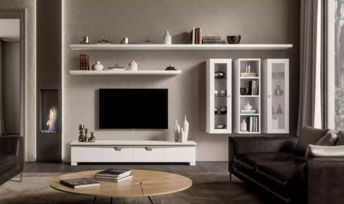 Lowboard para sala de estar Conjunto de muebles para salón de madera Diseño moderno blanco 6 piezas.