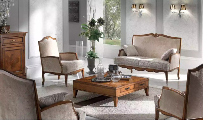 Conjunto de sala de estar: sillón, mesa de centro, sofá de 2 plazas, tapizado, lujoso, beige, nuevo.