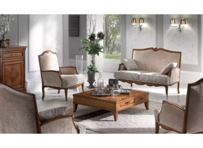 Conjunto de sala de estar: sillón, mesa de centro, sofá de 2 plazas, tapizado, lujoso, beige, nuevo.