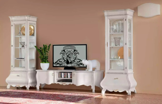 Mueble de salón de lujo blanco, 2 vitrinas, soporte de TV clásico.