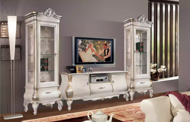 Lujo armario de madera con vidrio Muebles blancos clásicos Armario vitrinas