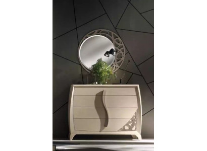 Cómoda con espejo de diseño de consola de lujo, muebles de cómoda de madera beige.