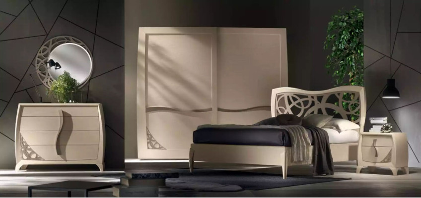 Cómoda con espejo de diseño de consola de lujo, muebles de cómoda de madera beige.