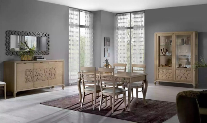 Diseño de comedor conjunto Mesa de comedor 8 piezas Muebles de madera Aparador 4 sillas Nuevas