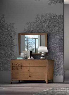 Cómoda de dormitorio con espejo, gabinete de muebles de madera marrón moderno nuevo.