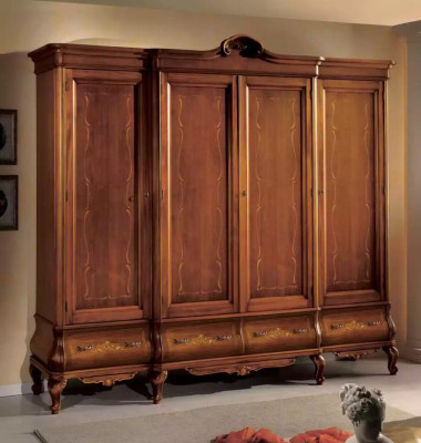 Armario marrón de cuatro puertas, muebles clásicos de dormitorio de madera